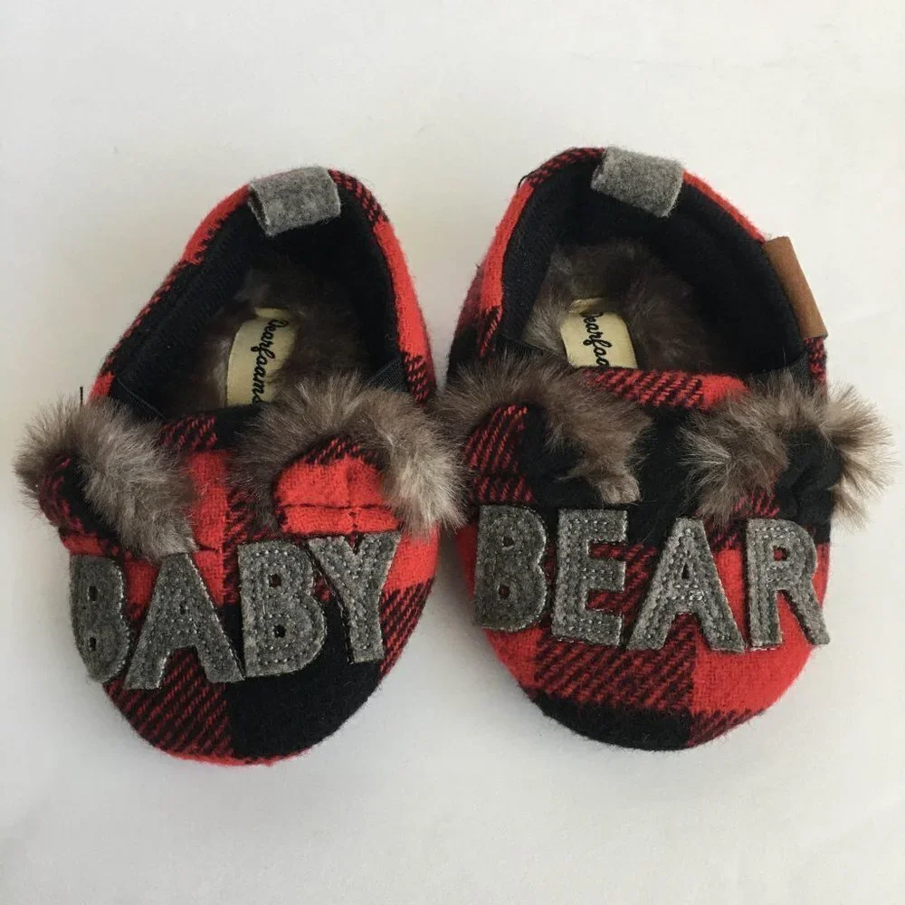 Dearfoams Christmas Baby Bear Red Black Buffalo Plaid Slippers - Size 6-9 Months